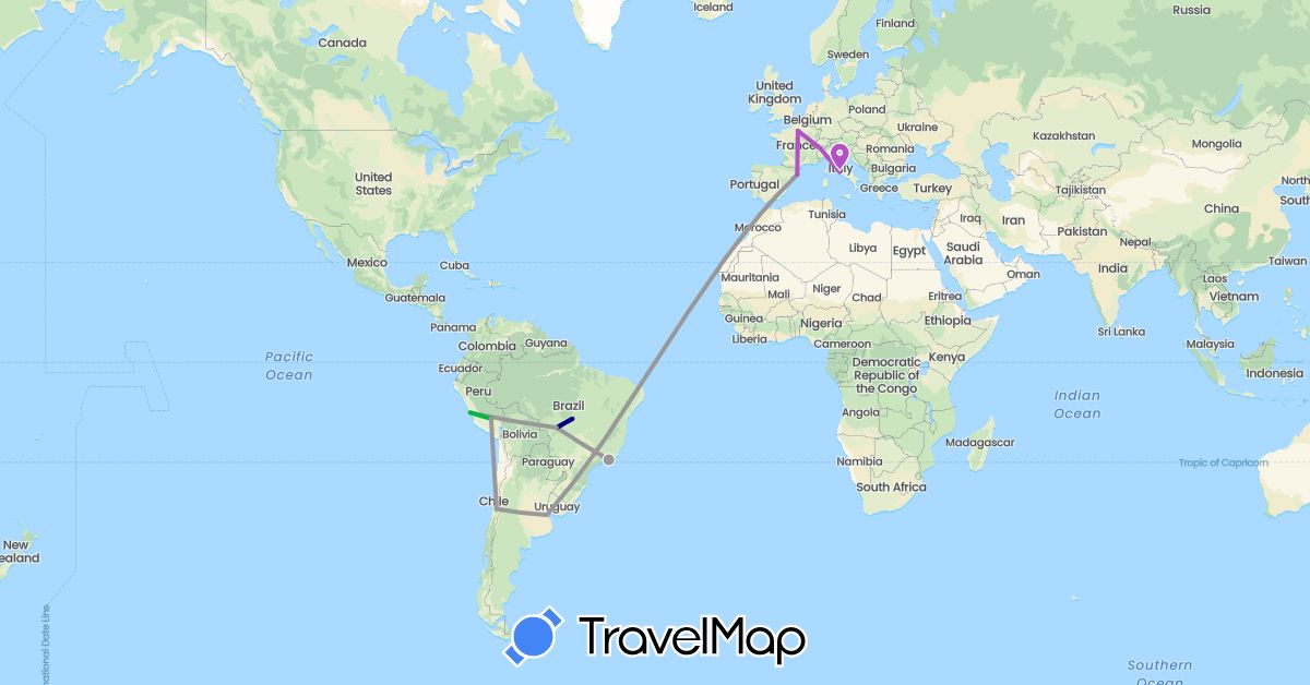 TravelMap itinerary: driving, bus, plane, train in Argentina, Brazil, Switzerland, Chile, Spain, France, Italy, Peru (Europe, South America)